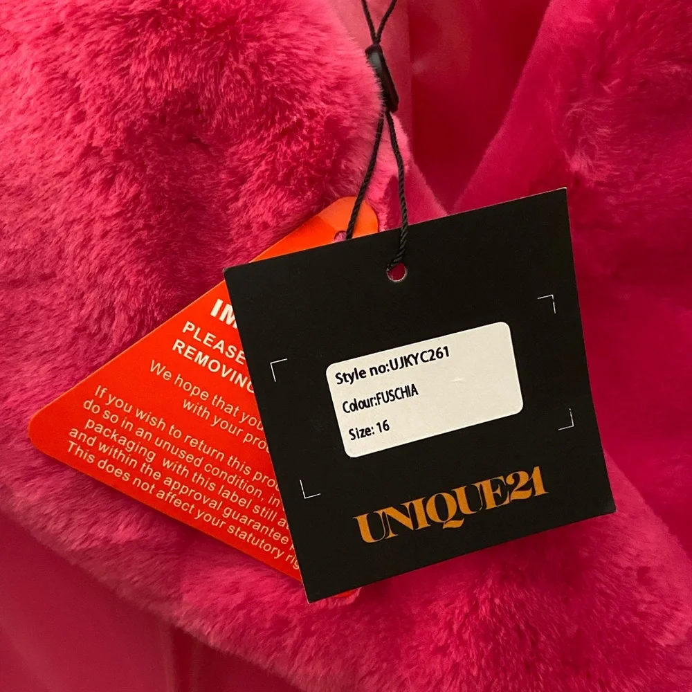 ASOS Unique21 Faux Fur Trim Vinyl Coat in Fuchsia, Size 12 - Picture 12 of 13